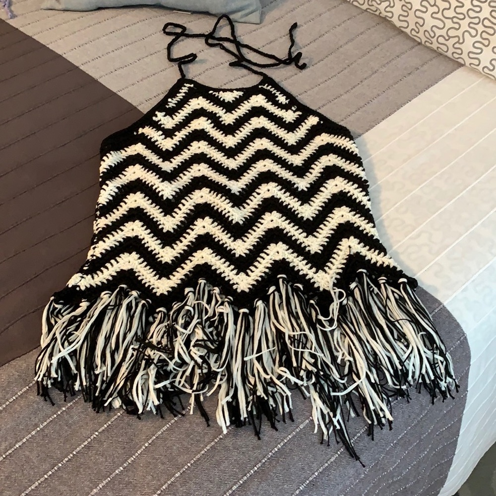 Black & White Chevron Crochet Fringe Halter Tank Top